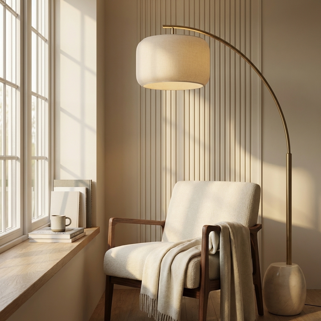 An intimate reading corner with walnut armchair and soft afternoon light