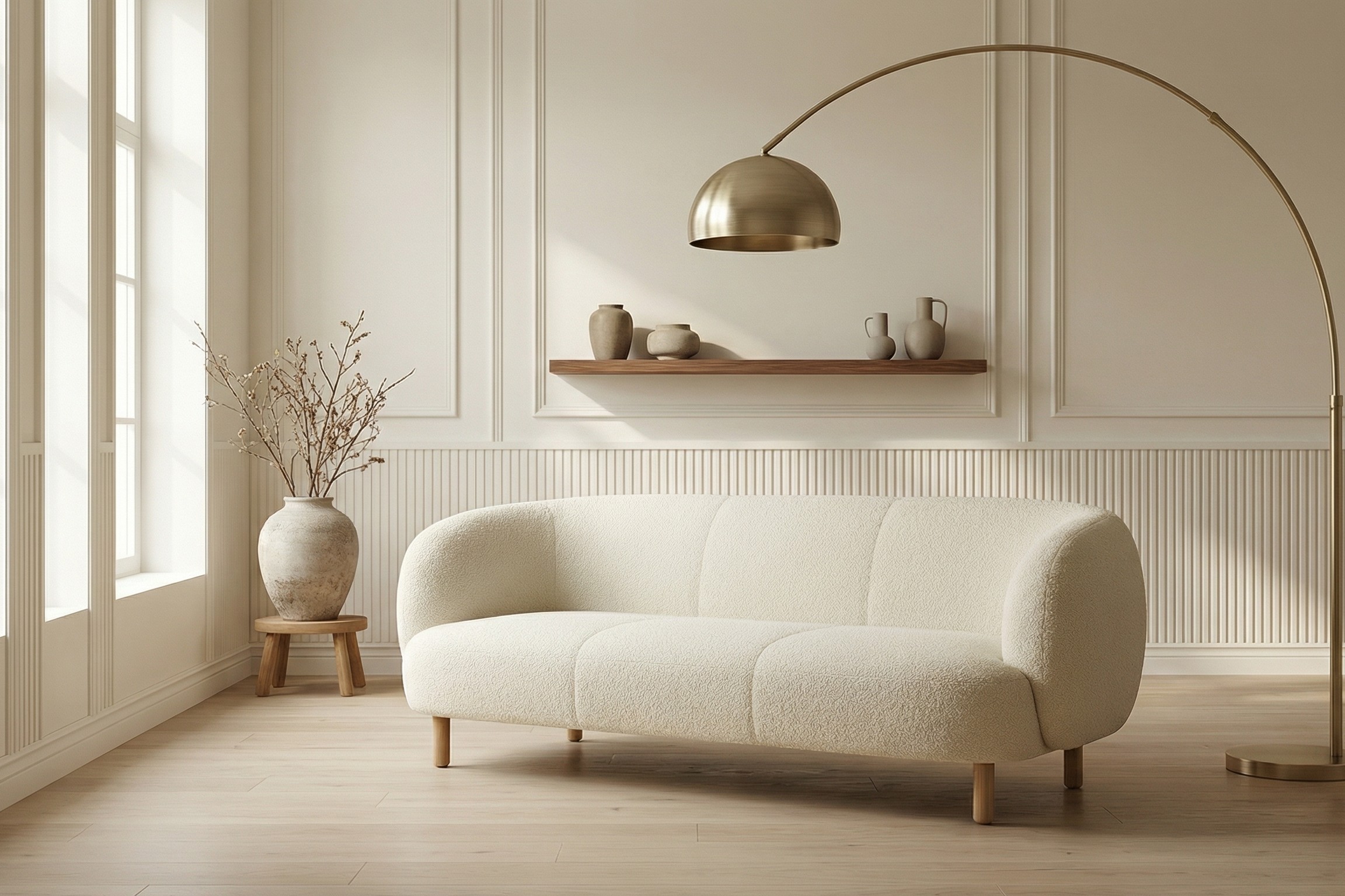 Koti living room with cream sofa and walnut shelving