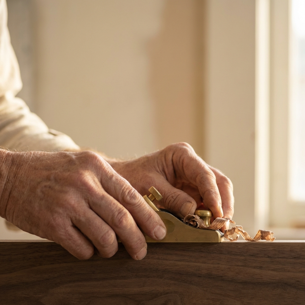 Craftsperson working with a hand plane on walnut