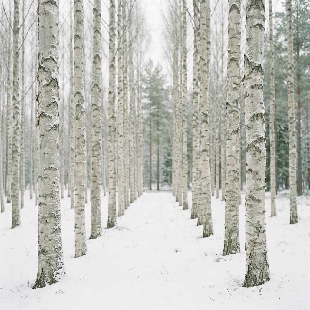 Birch forest in soft Nordic winter light